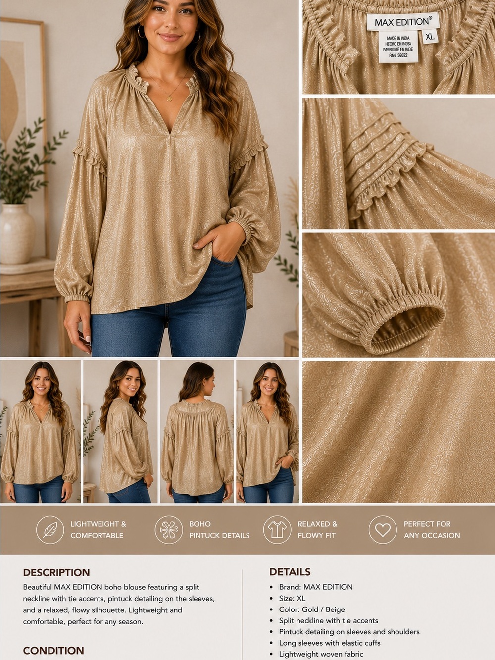 MAX EDITION Gold Beige Boho Pintuck Blouse